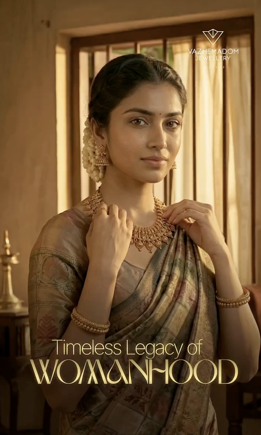A bride wearing handcrafted Vazhemadom gold jewellery